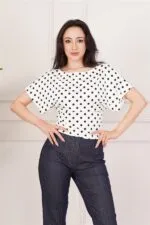 Puantiye Desenli Kısa Kollu Beyaz Bluz