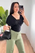 Dantel Detaylı Toptan Siyah Bluz