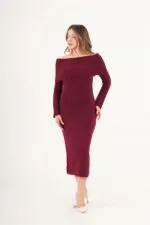 Madonna Yaka Toptan Bordo Triko Elbise