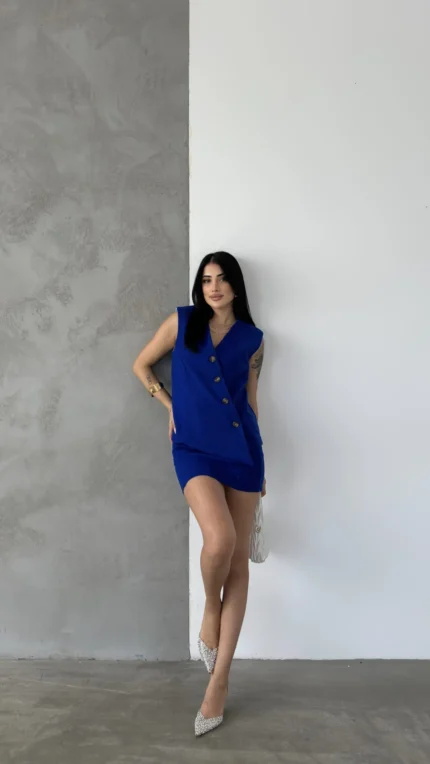 Sax Kaşe Kruvaze Oversize Yelek Etek Takım