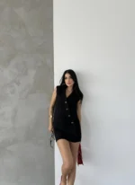 Siyah Kaşe Kruvaze Oversize Yelek Etek Takım