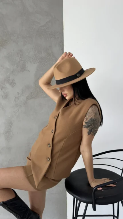 Vizon Kaşe Kruvaze Oversize Yelek Etek Takım