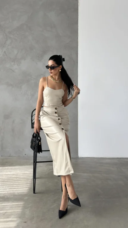 Bej Deri Kuplu Crop
