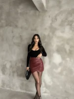 Bordo Drapeli Deri Mini Etek