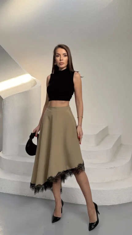 Olive Eteği Dantelli Modal Asimetrik Etek