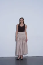 Bej Kuşaklı Keten Maxi Etek