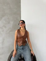 Kahve Deri Astarlı Yelek