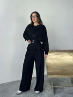 SİYAH MODAL PİLELİ KUŞAKLI CEKET TAKIM