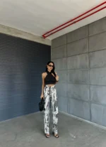 Gri Leopar Gabardin Kumaş Palazzo Pantolon