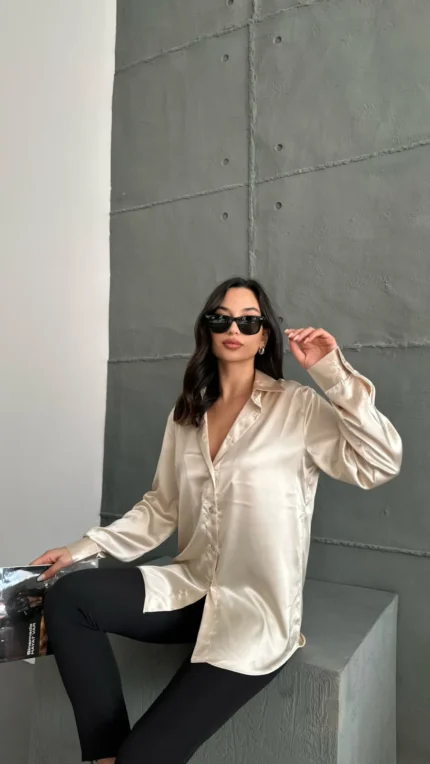 Bej Saten Oversize Gömlek