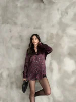 Bordo Leopar Desenli Saten Oversize Gömlek