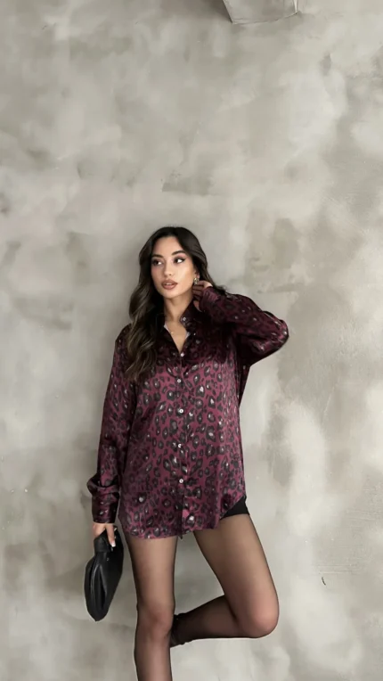 Bordo Leopar Desenli Saten Oversize Gömlek