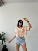 Bej Tensel Kumaş Crop Gömlek