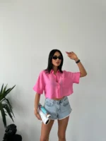 Pembe Tensel Kumaş Crop Gömlek
