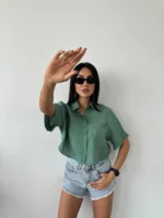 Yeşil Tensel Kumaş Crop Gömlek