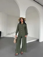 Haki Çilek Gömlek Yırtmaçlı Pantolon Takım