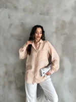 Bej Tensel Oversize Gömlek