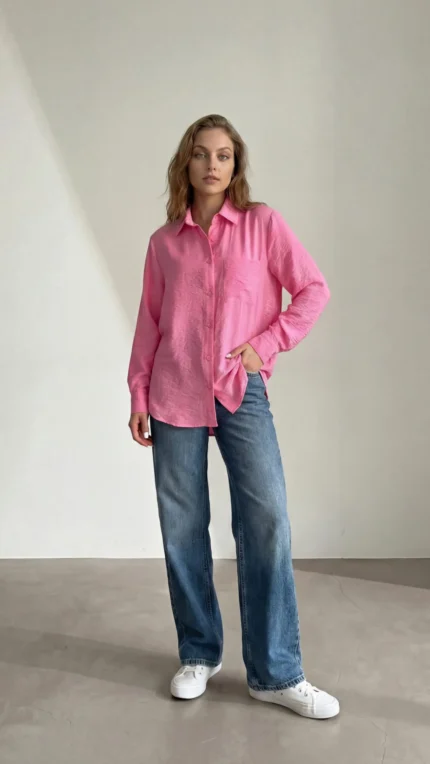 Pembe Cepli Oversize Gömlek