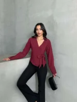 Bordo Yan Bağlamalı Tensel Gömlek