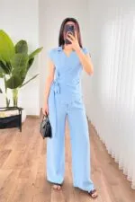 Beli Kuşak Bağlamalı Bluz Pantolon Toptan Bebe Mavi Takım