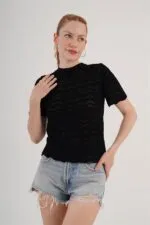 Örgü Model Kısa Kol Toptan Siyah Triko Bluz