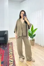 Modal Beli İp Bağlamalı Kruvaz Haki Toptan Bluz Pantolon Takım