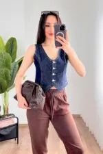 V Yaka Koyu Mavii Denim Toptan Yelek