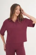 Gömlek Yaka Kısa Kol Bordo Toptan Bluz