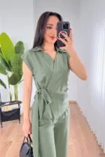 Beli Kuşak Bağlamalı Bluz Pantolon Toptan Haki Takım