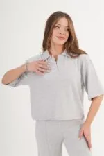 Gömlek Yaka Kısa Kol Gri Toptan Bluz