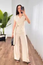 Beli Kuşak Bağlamalı Bluz Pantolon Toptan Bej Takım