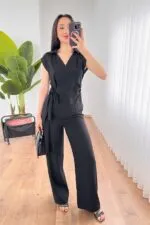 Beli Kuşak Bağlamalı Bluz Pantolon Toptan Siyah Takım