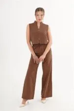 Kolsuz Yelek Bol Pantolon Süet Taba Toptan Takım