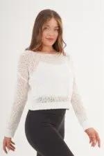 File Geniş Yaka Toptan Beyaz Örme Bluz