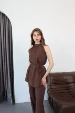 Kahverengi Halter yaka tensel takım