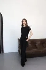 Siyah Tül ve taş detaylı bağlamalı takım