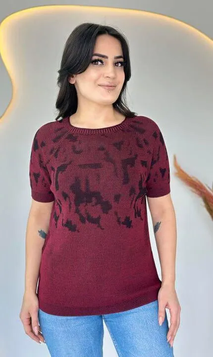 Bordo Desenli Merserize triko bluz