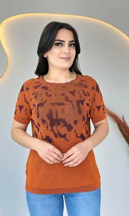 Turuncu Desenli Merserize triko bluz