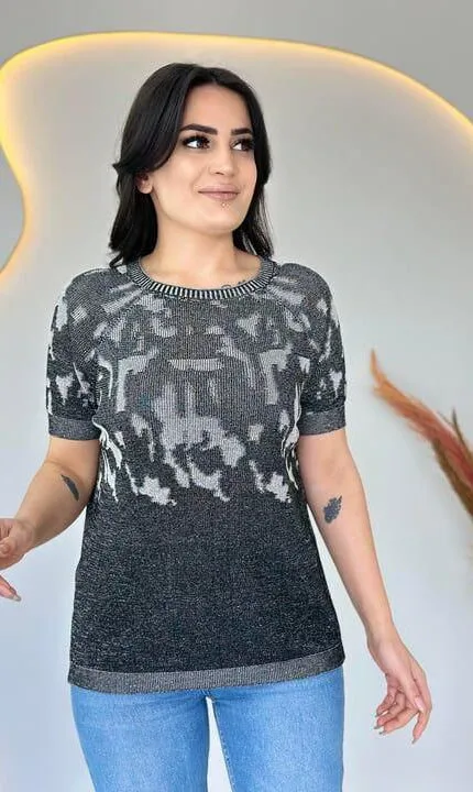 Siyah Desenli Merserize triko bluz