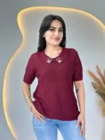 Bordo Fileli Yakası Taşlı Merserize Triko bluz