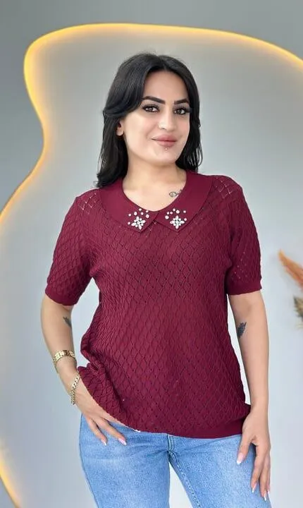 Bordo Fileli Yakası Taşlı Merserize Triko bluz