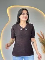 ACI KAHVE Fileli Yakası Taşlı Merserize Triko bluz