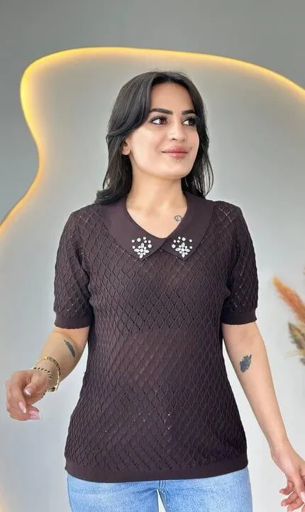 ACI KAHVE Fileli Yakası Taşlı Merserize Triko bluz