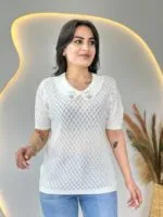 Beyaz Fileli Yakası Taşlı Merserize Triko bluz