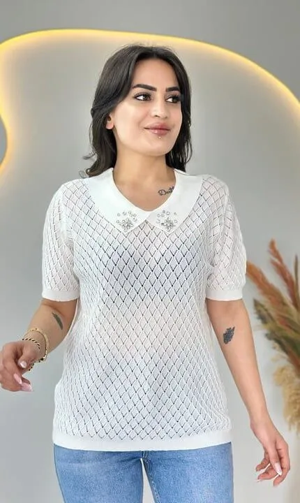 Beyaz Fileli Yakası Taşlı Merserize Triko bluz