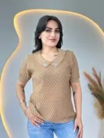 Vizon Fileli Yakası Taşlı Merserize Triko bluz