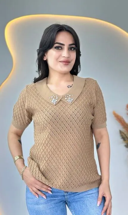 Vizon Fileli Yakası Taşlı Merserize Triko bluz