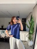 Koyu Lacivert Kolları Ajurlu Merserize triko bluz