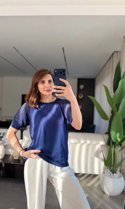 Koyu Lacivert Kolları Ajurlu Merserize triko bluz