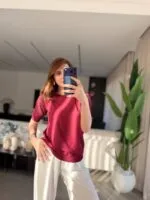 Bordo Kolları Ajurlu Merserize triko bluz